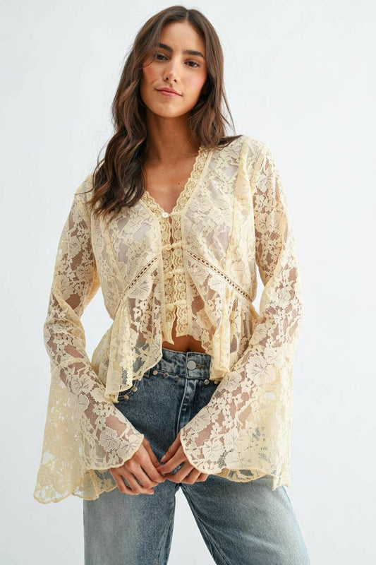 Romantic Lace Button-Down Blouse with Flared Bell Sleeves