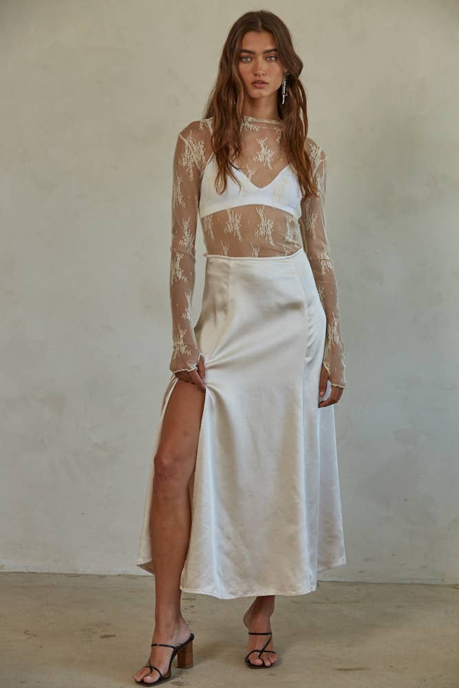 Sheer Knit Jacquard Lace Long Sleeve Mock Neck Top