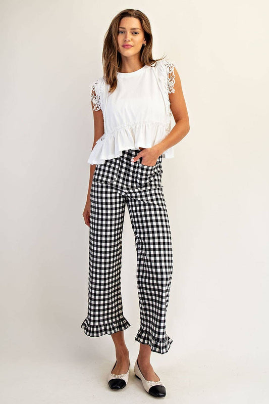Ruffle Trim Straight Leg Gingham Print Pants