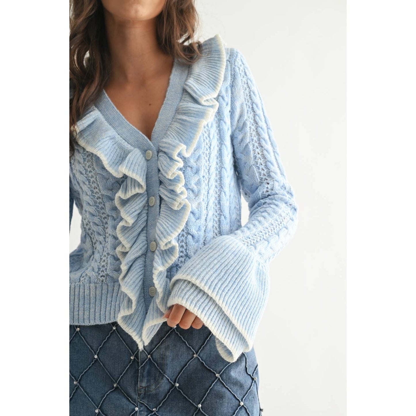 Cool Blue Ruffled Cable Knit Cardigan