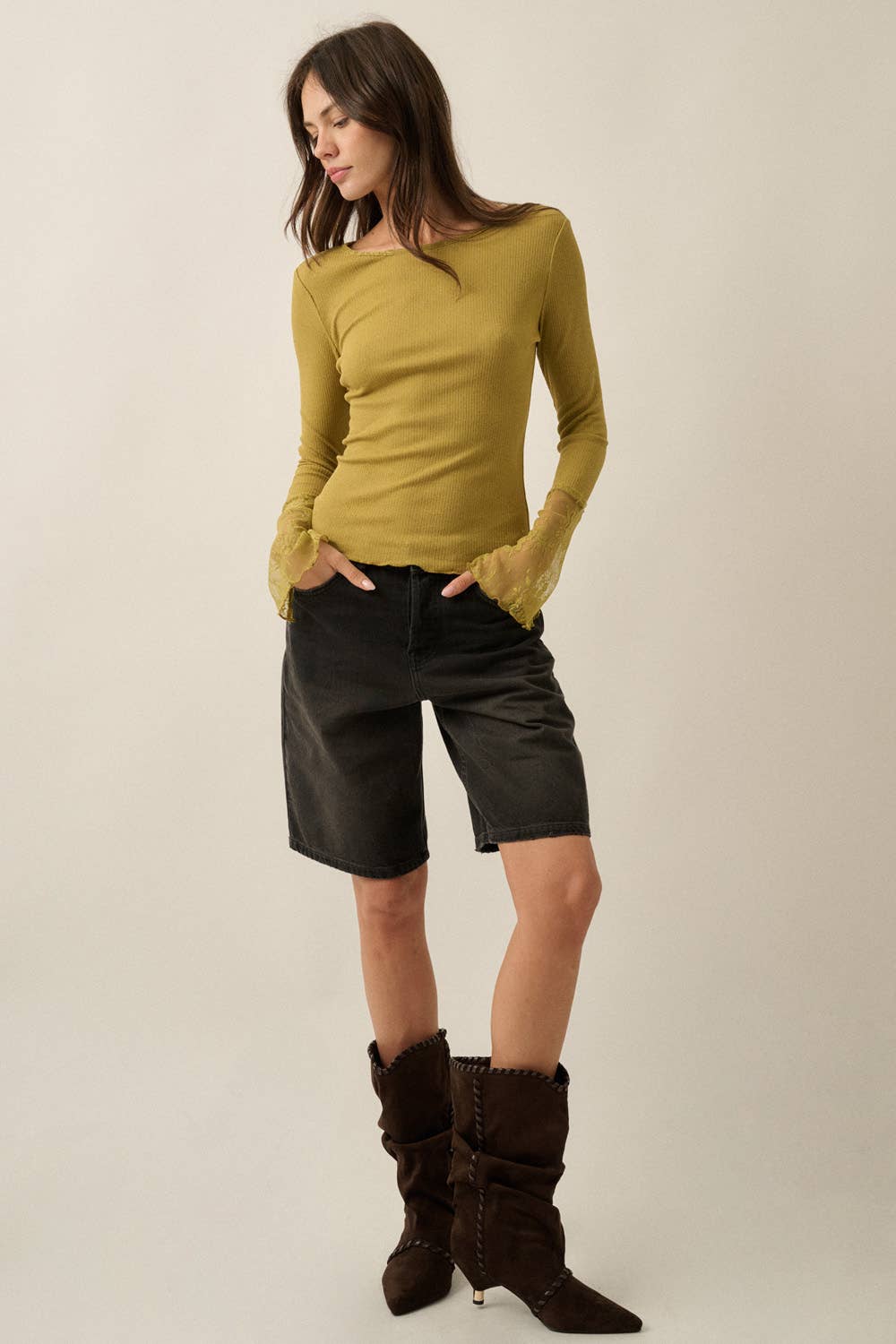 Solid Ribbed Knit Long-Sleeve Lace-Cuff Fitted Top
