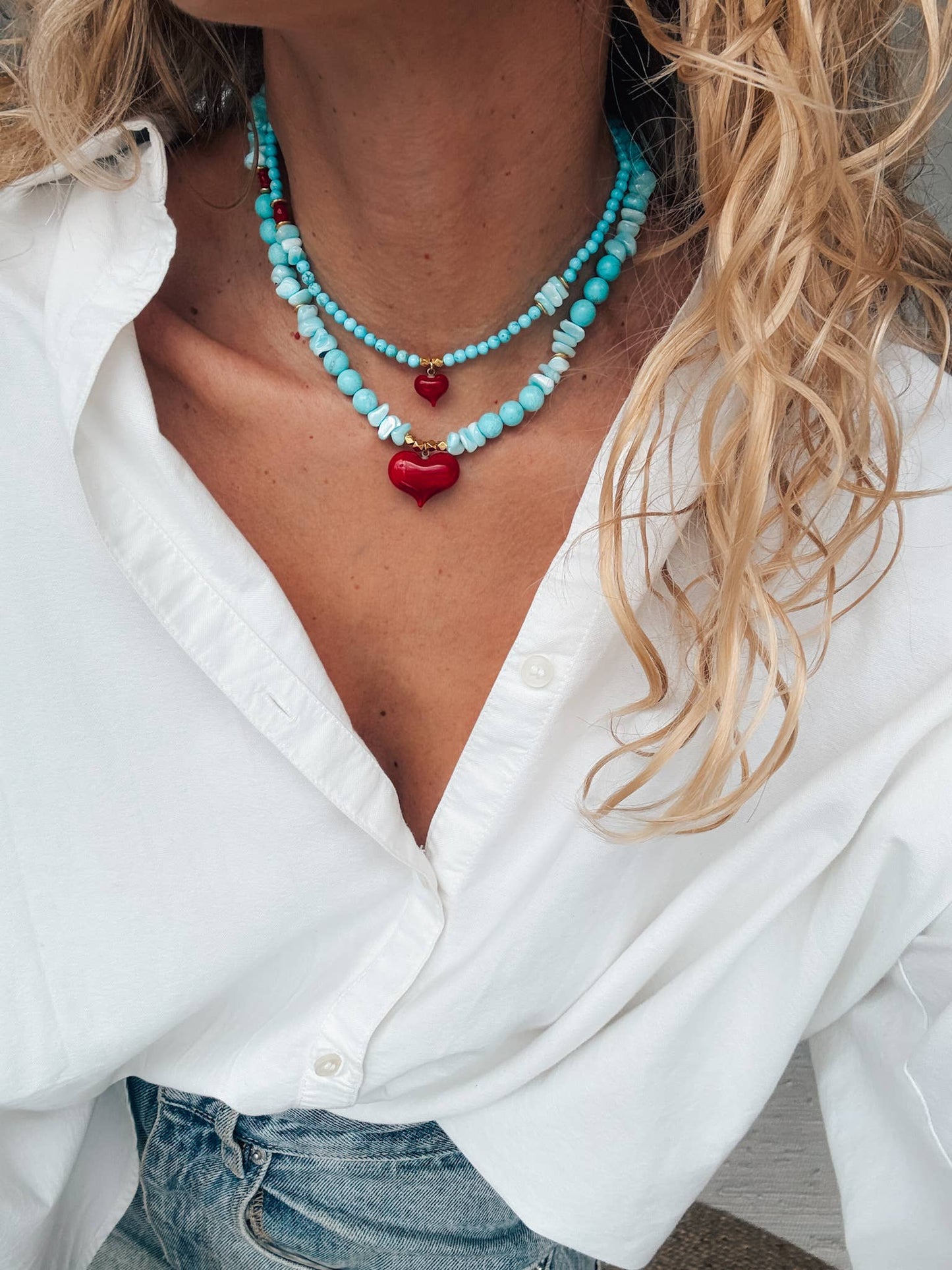 Handmade Semiprecious Howlite & Turquoise Necklace with Red Heart