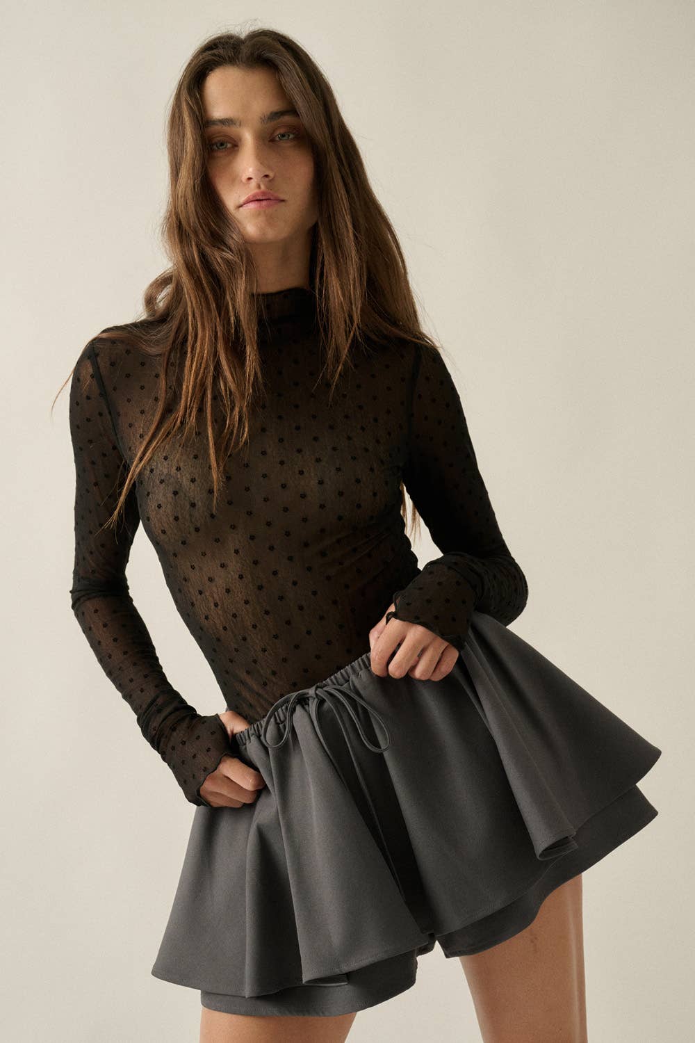 Sheer Mesh Top with Floral Polkadots, Mock-Neck, & Long-Sleeve Thumbhole Top