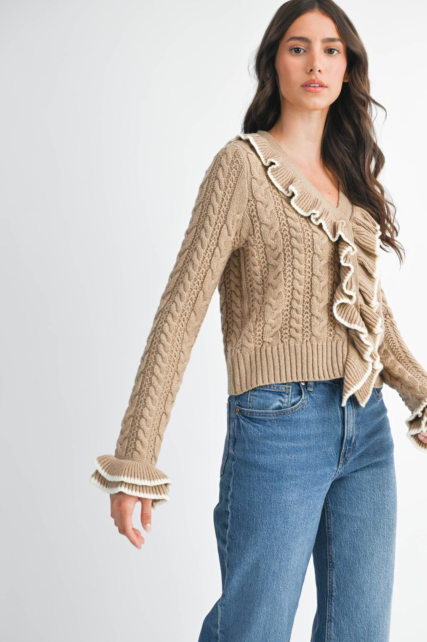 Cool Blue Ruffled Cable Knit Cardigan