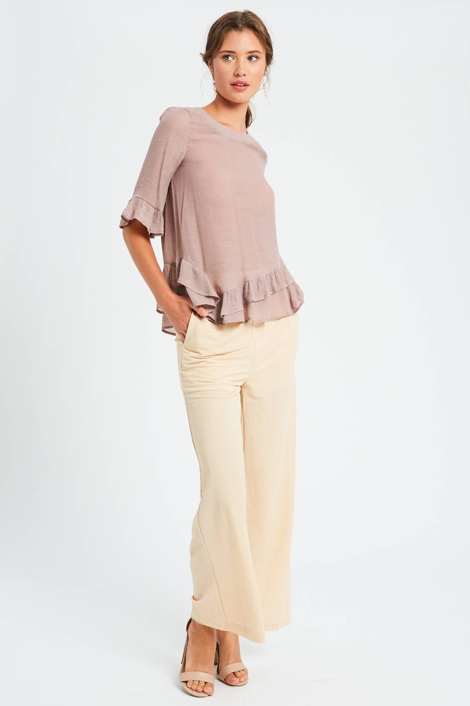 3/4 Sleeve Ruffle Hem Feminine Blouse