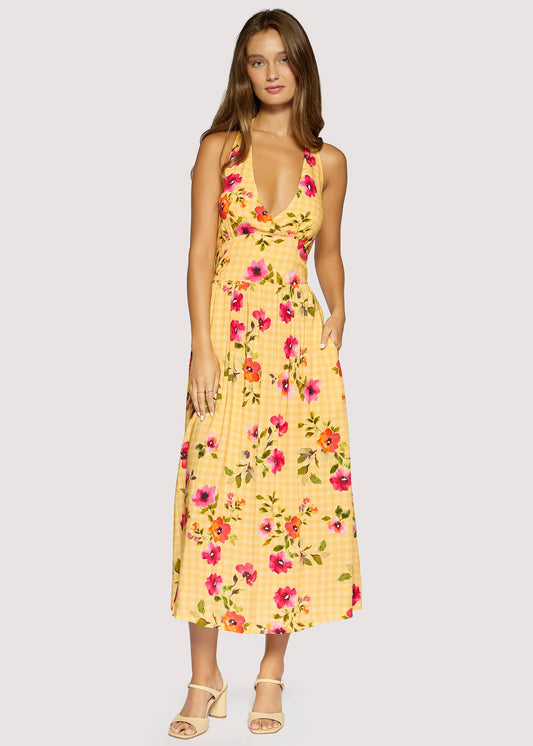 Gingham Print Yellow and Pink Floral Halter Midi Dress