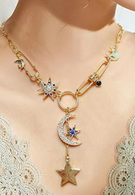 Celestial Coin, Paperclip, and Hamsa Charm Necklace with Lariat Moon and Sapphire Stars