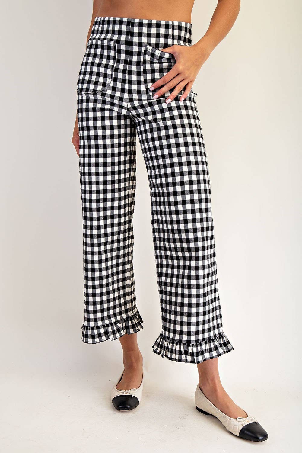 Ruffle Trim Straight Leg Gingham Print Pants