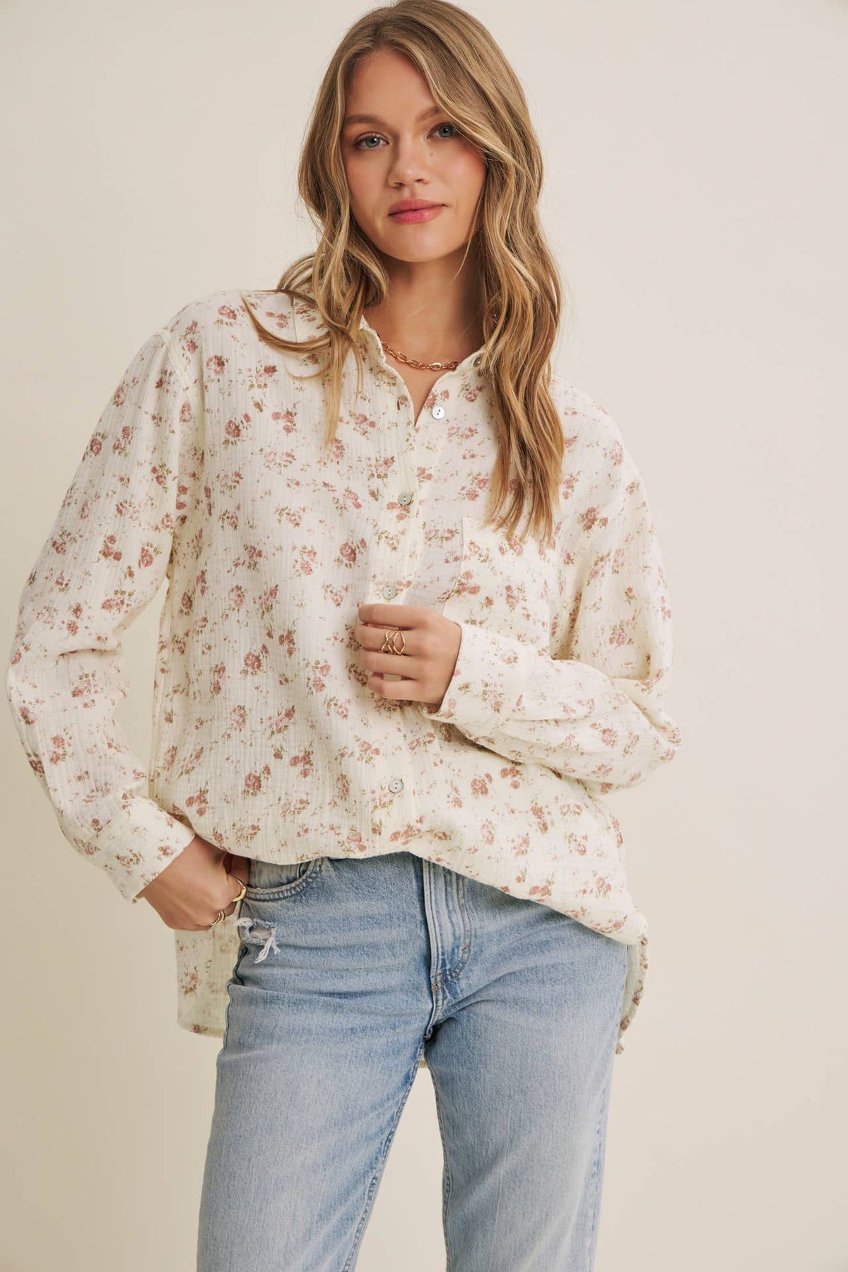 Soft Floral Cotton Relaxed Fit Button Down Shirt