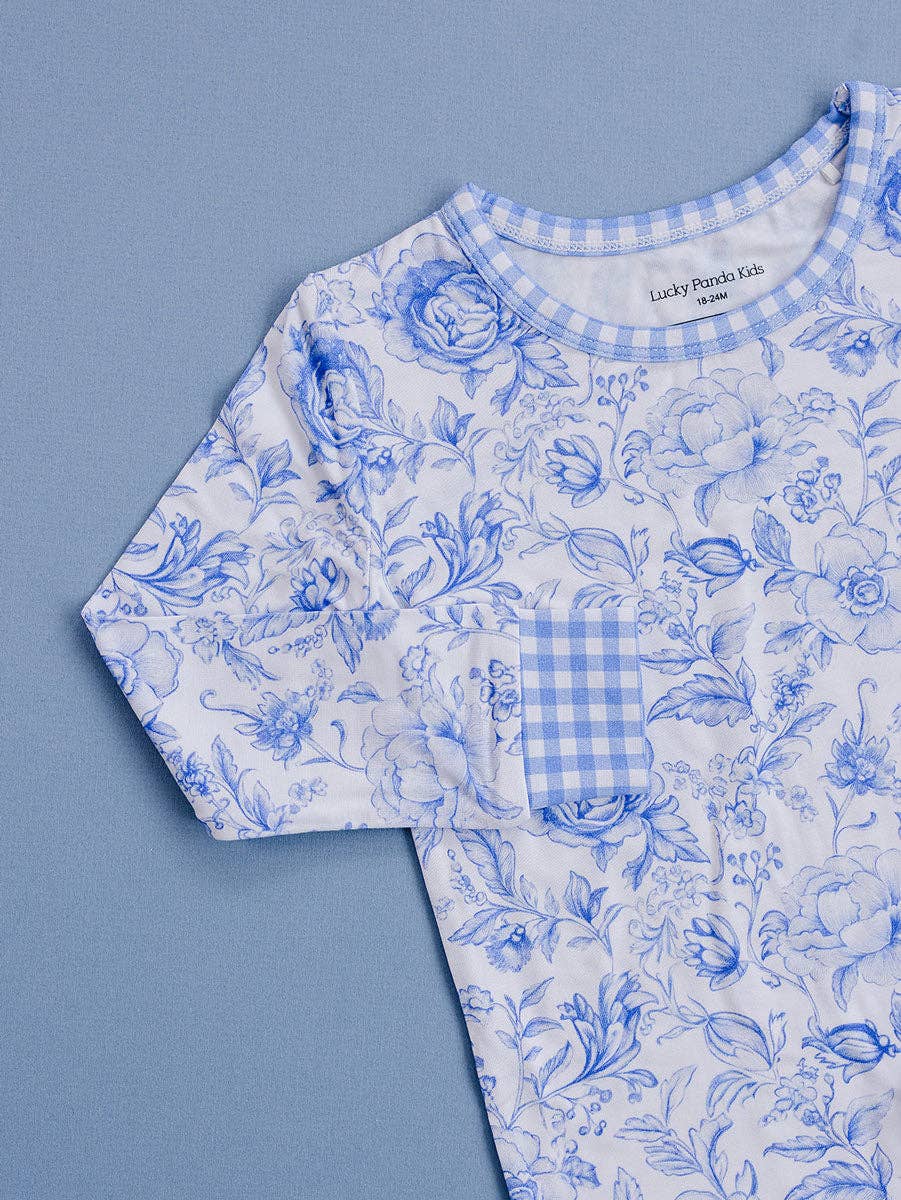 Kids Bamboo Two Piece Pajama and Loungewear Set - Gingham with Blue Flowers
