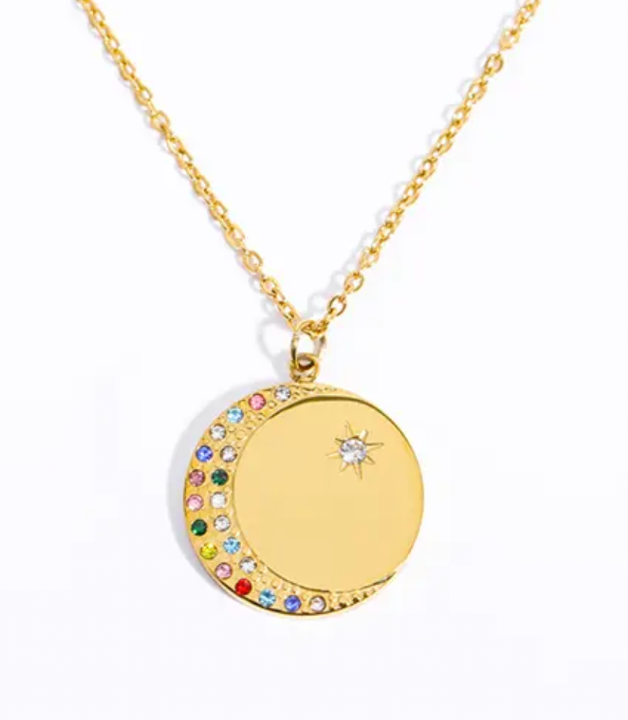 Crescent Moon 14K Gold stainless steel Coin Necklace