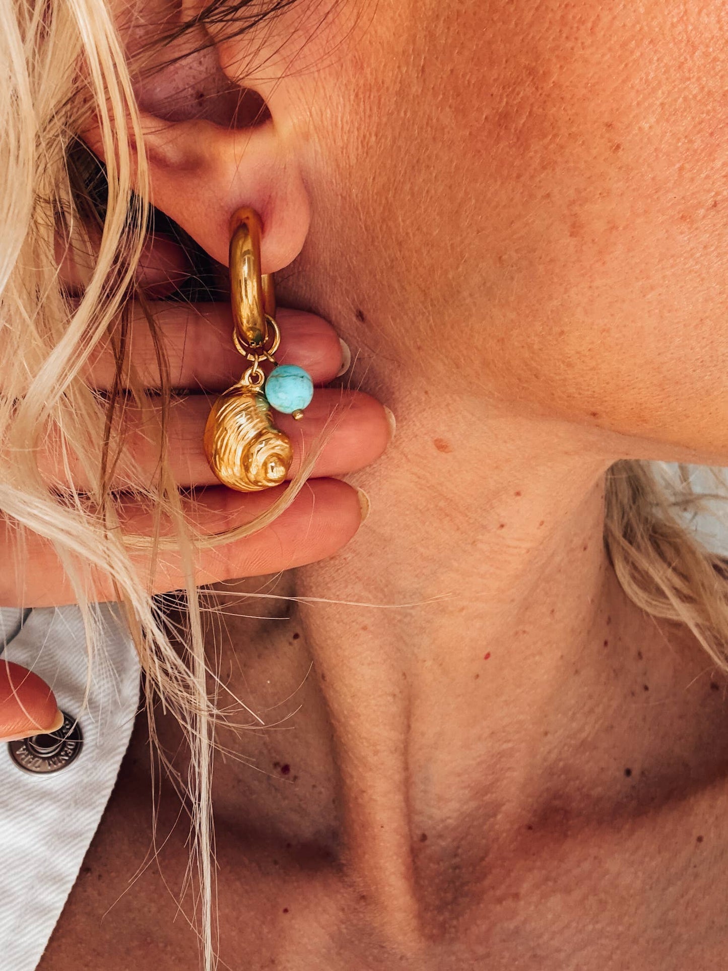 Gold Dangle Starfish Shell Earrings with Turquoise Bead