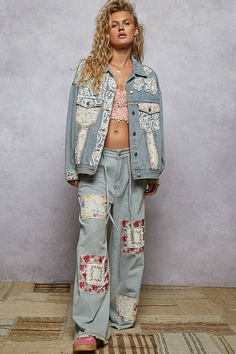 Boho Vintage Wash Striped Denim Pants