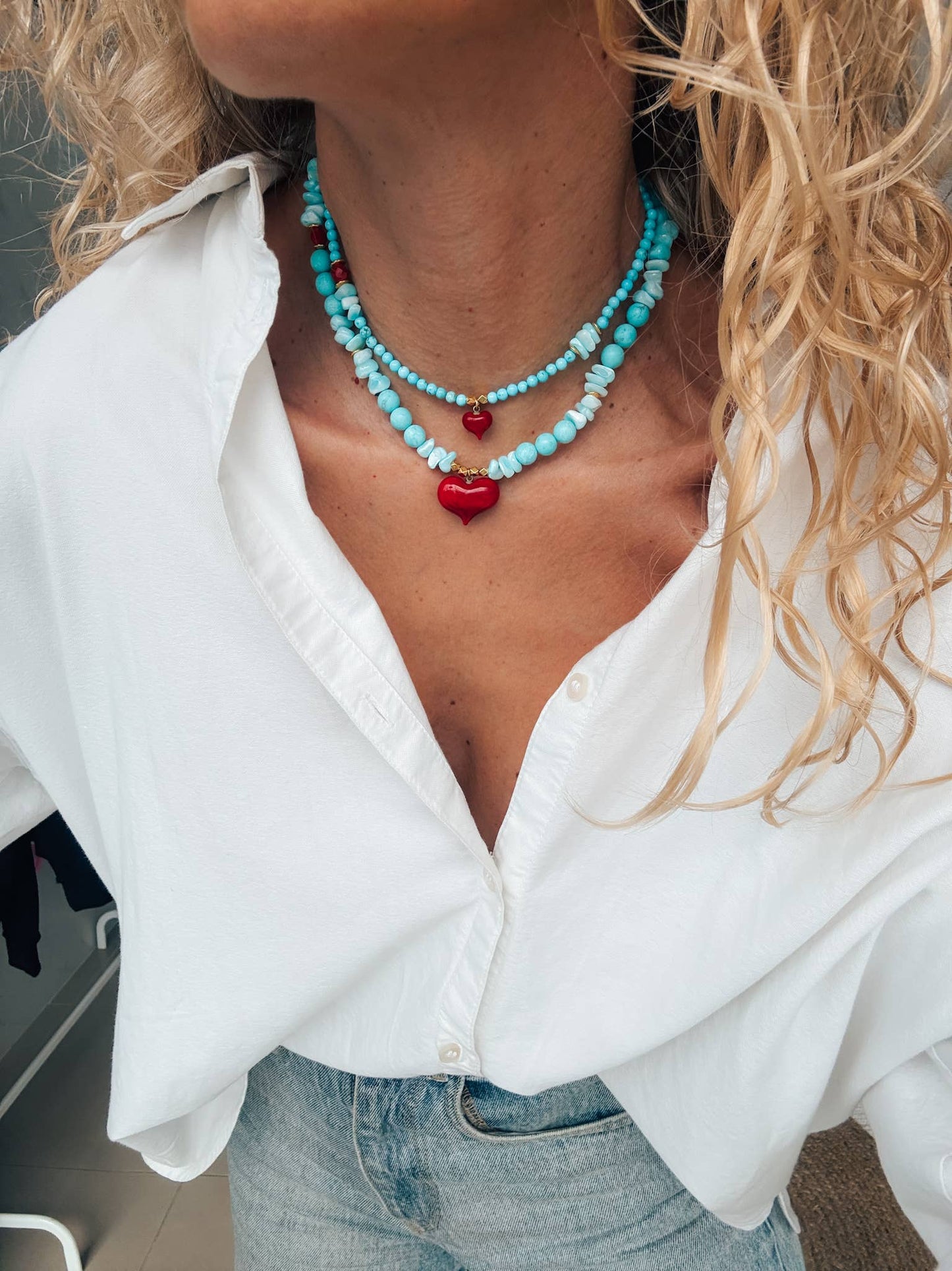 Handmade Semiprecious Howlite & Turquoise Necklace with Red Heart