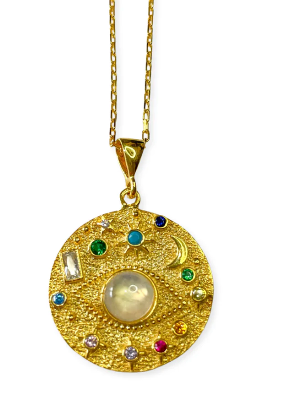 Celestial Gypsy Coin Necklace with Third Eye Amulet Charm and Stones - Stacking hypoallergenic steel necklace