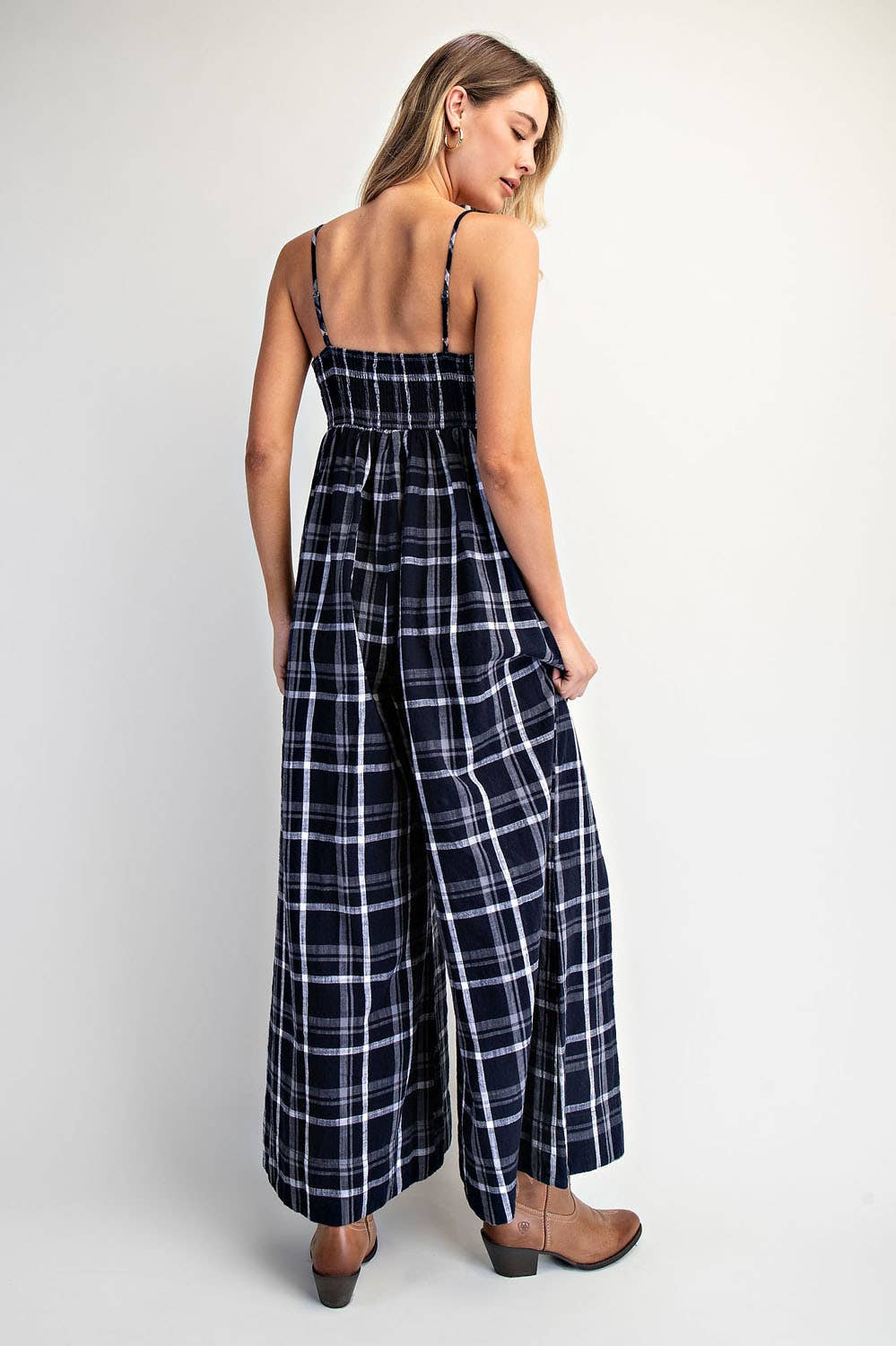 Gingham Checkered Wide-leg Onesie - Boho Jumpsuit