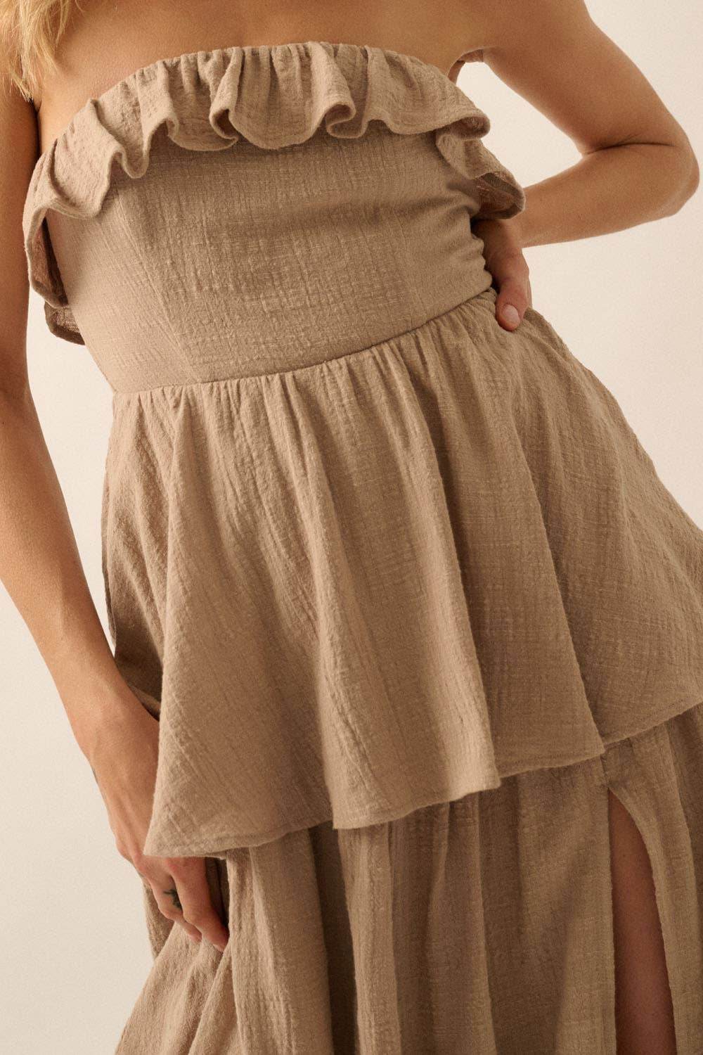 Textured Cotton Strapless Tiered Ruffle Maxi Dress - SAUVAGE ZSA™