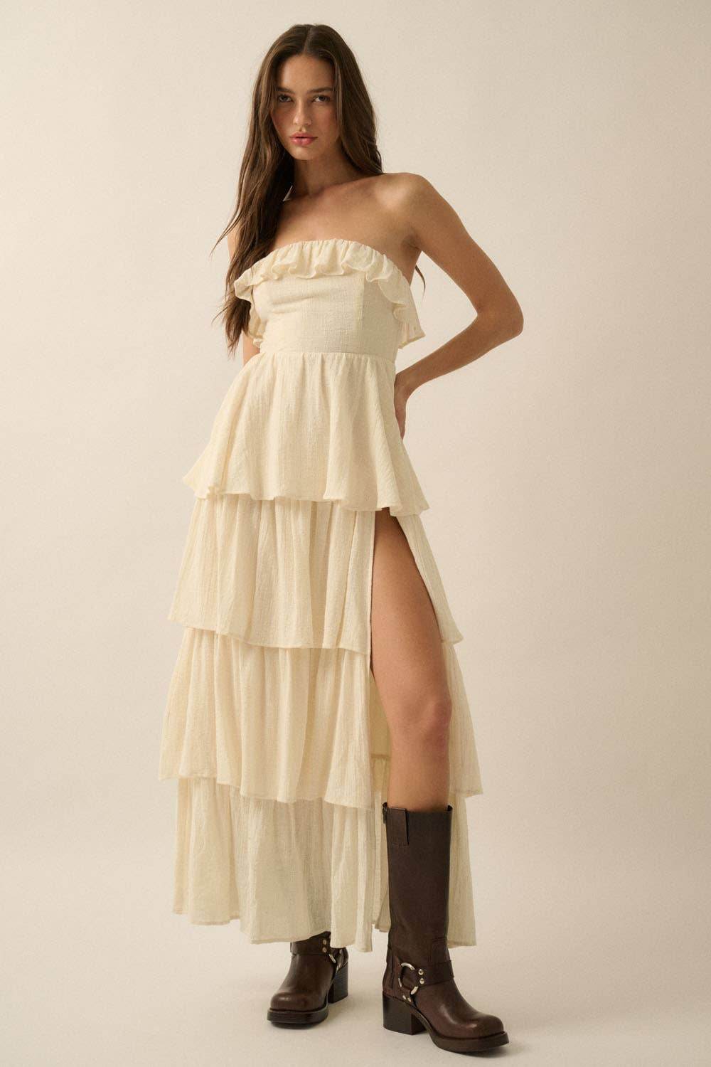 Textured Cotton Strapless Tiered Ruffle Maxi Dress - SAUVAGE ZSA™