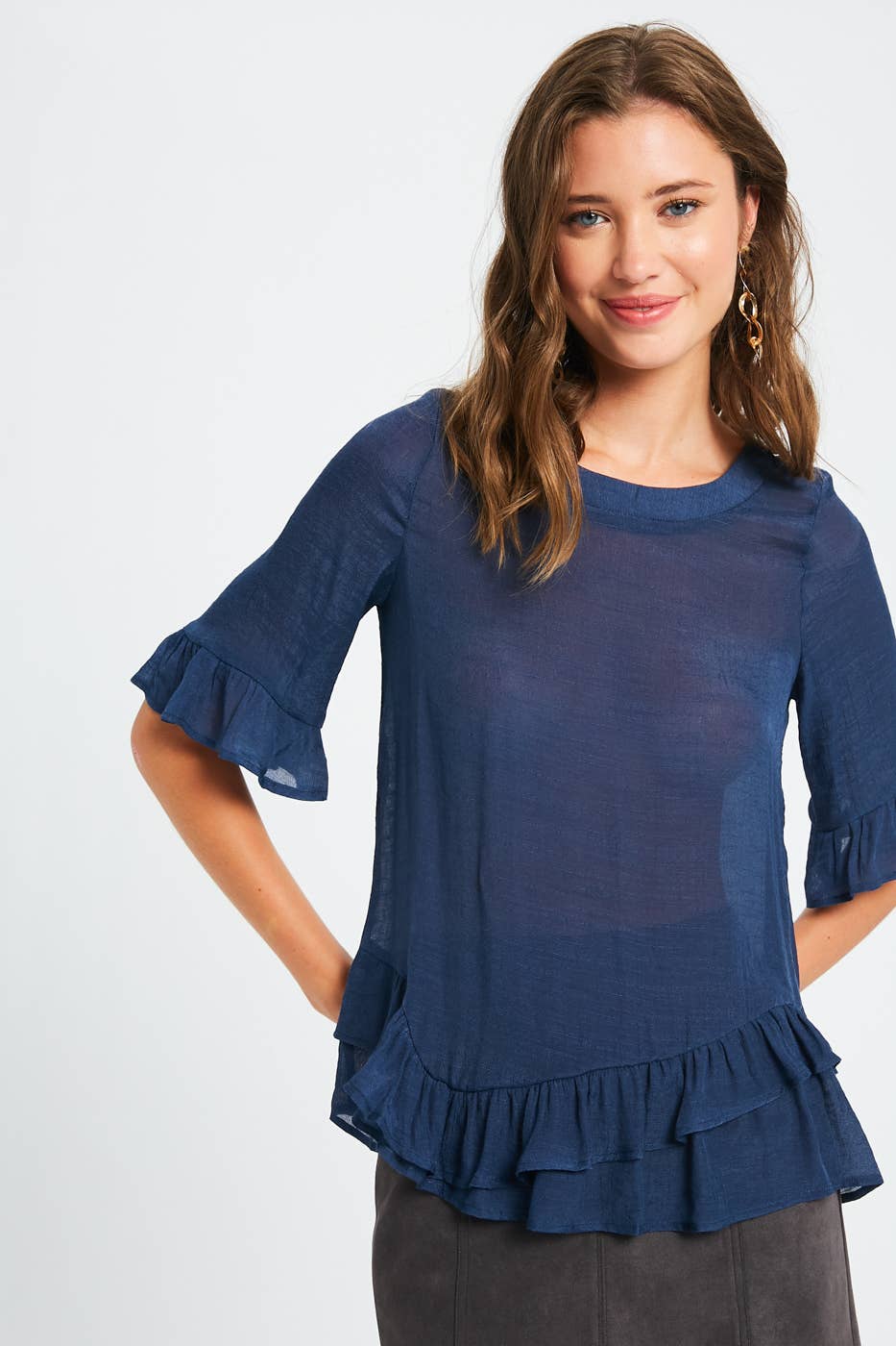 3/4 Sleeve Ruffle Hem Feminine Blouse