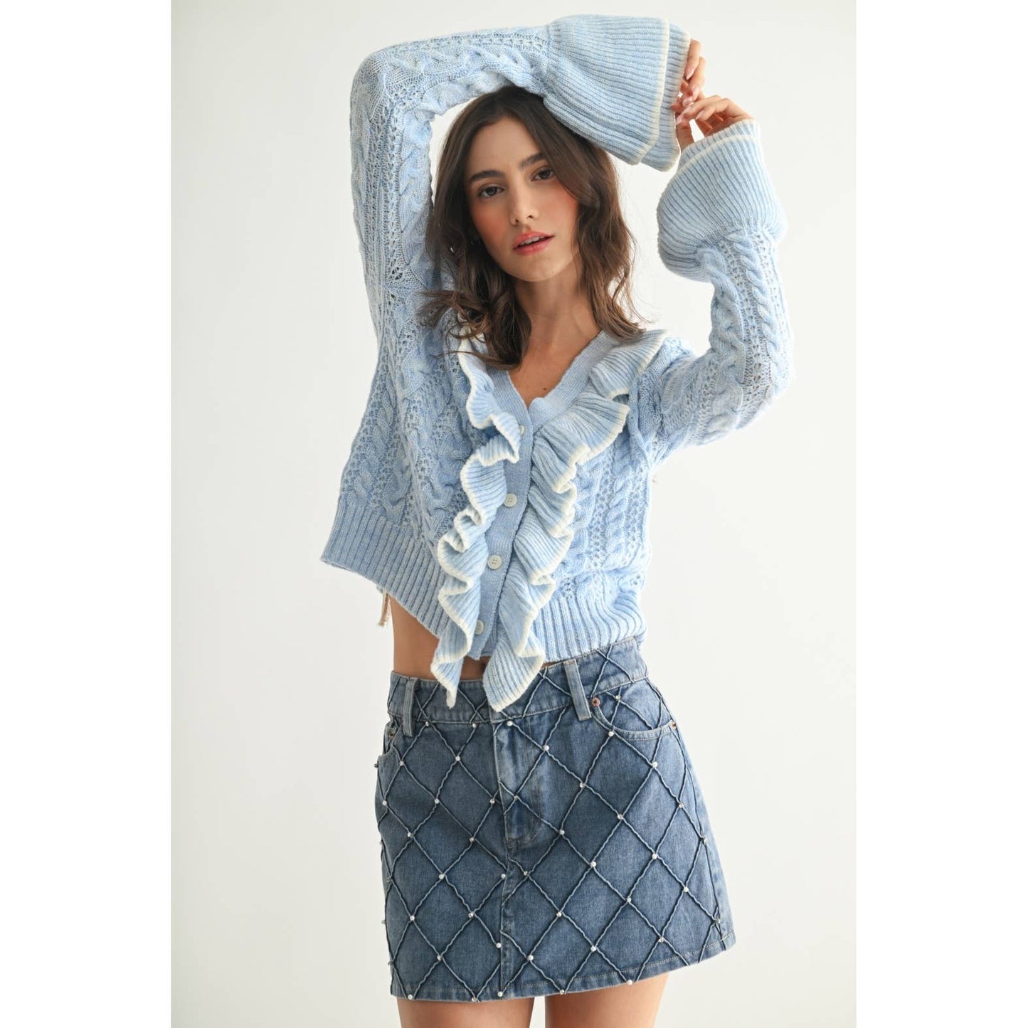 Cool Blue Ruffled Cable Knit Cardigan
