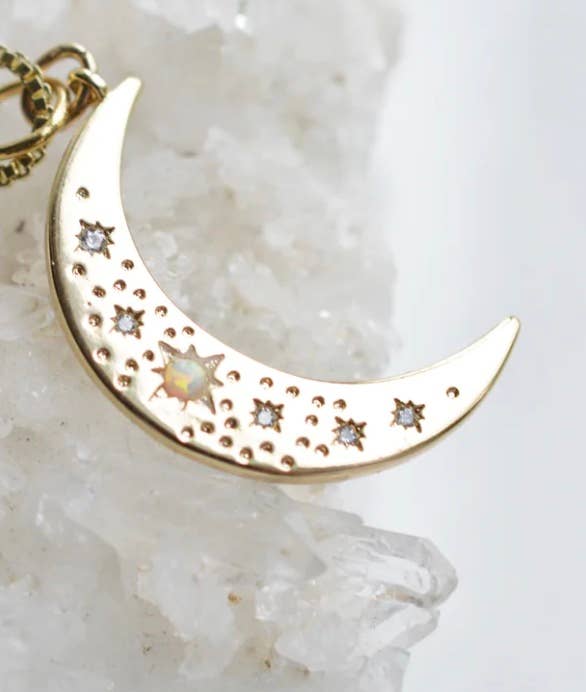 14K Crescent Moon Pendant Necklace With Opals and Crystal