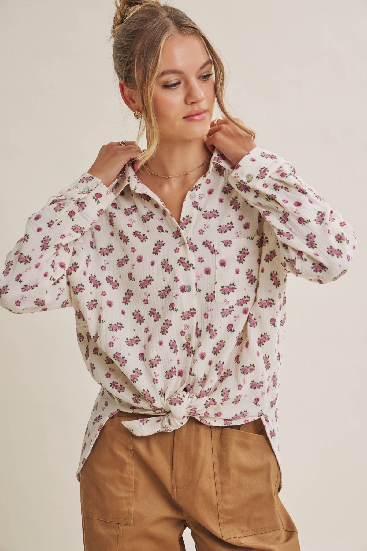 Soft Floral Cotton Relaxed Fit Button Down Shirt