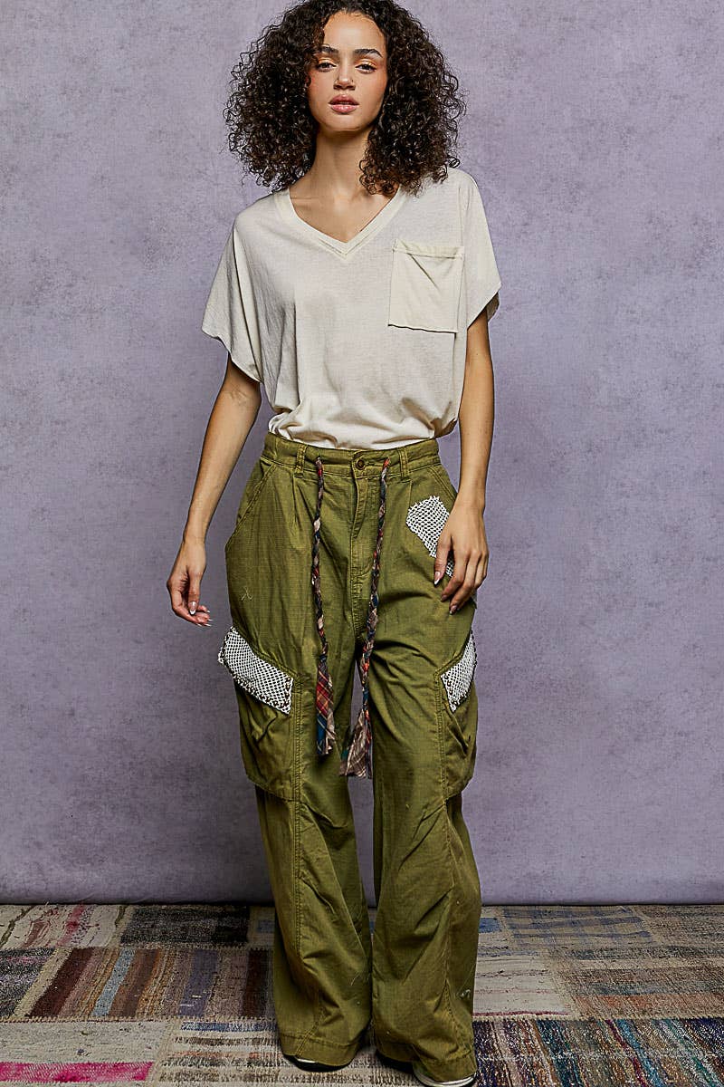 Boho Hand Dip Dye V-Neck T-shirt with Short Sleeves and Front Pocket