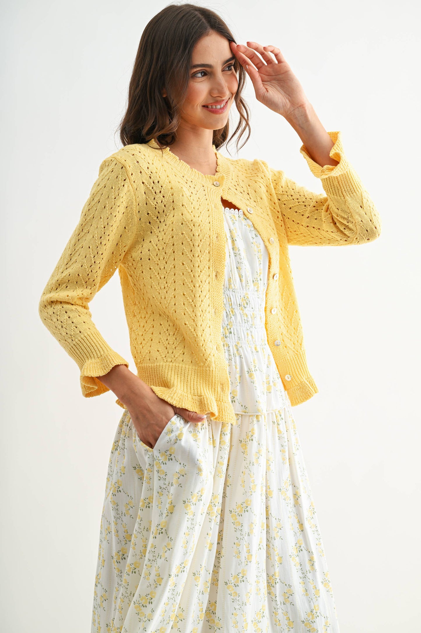 Lemon Yellow 3/4 Sleeve Knit Cardigan