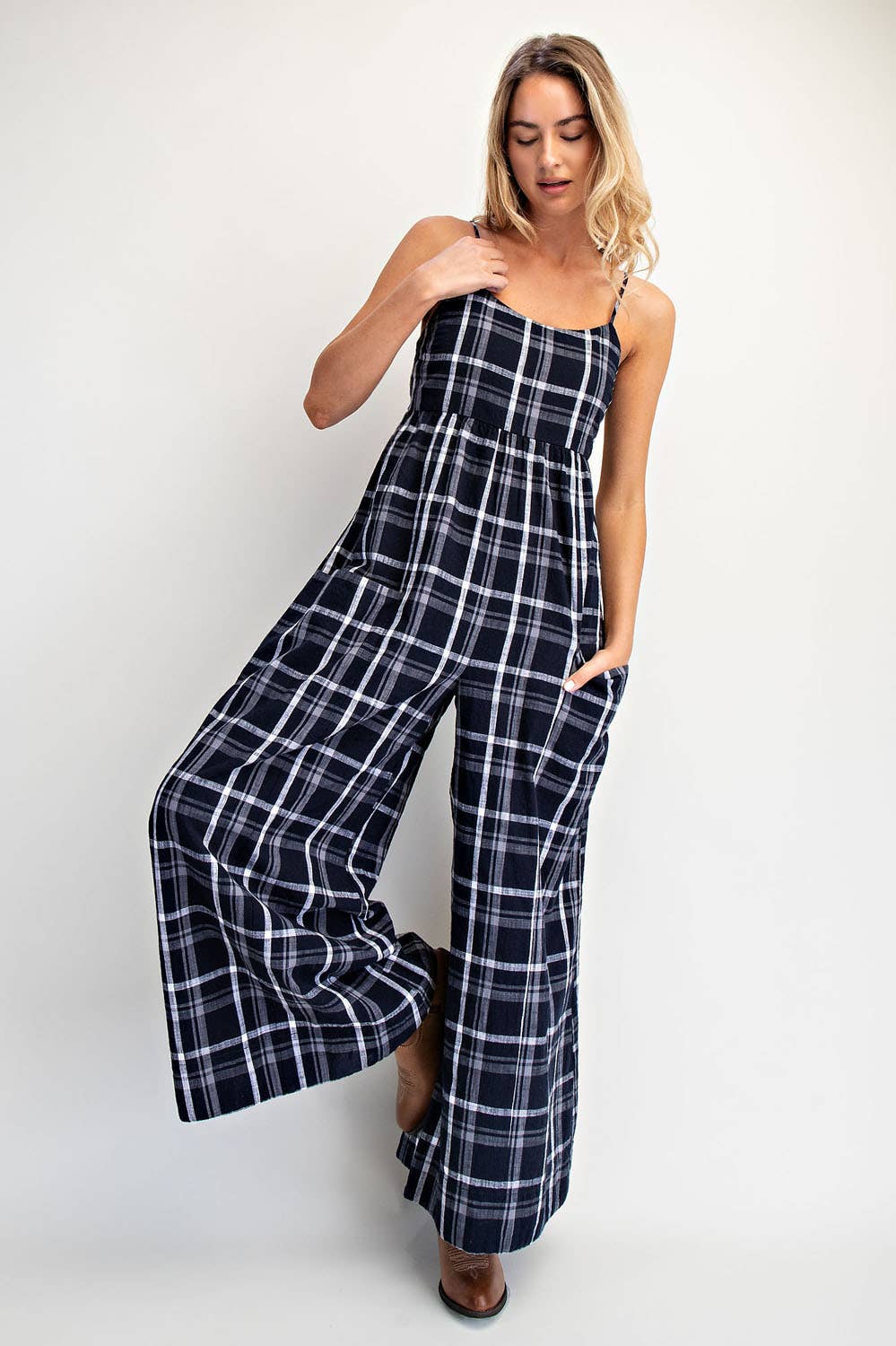 Gingham Checkered Wide-leg Onesie - Boho Jumpsuit