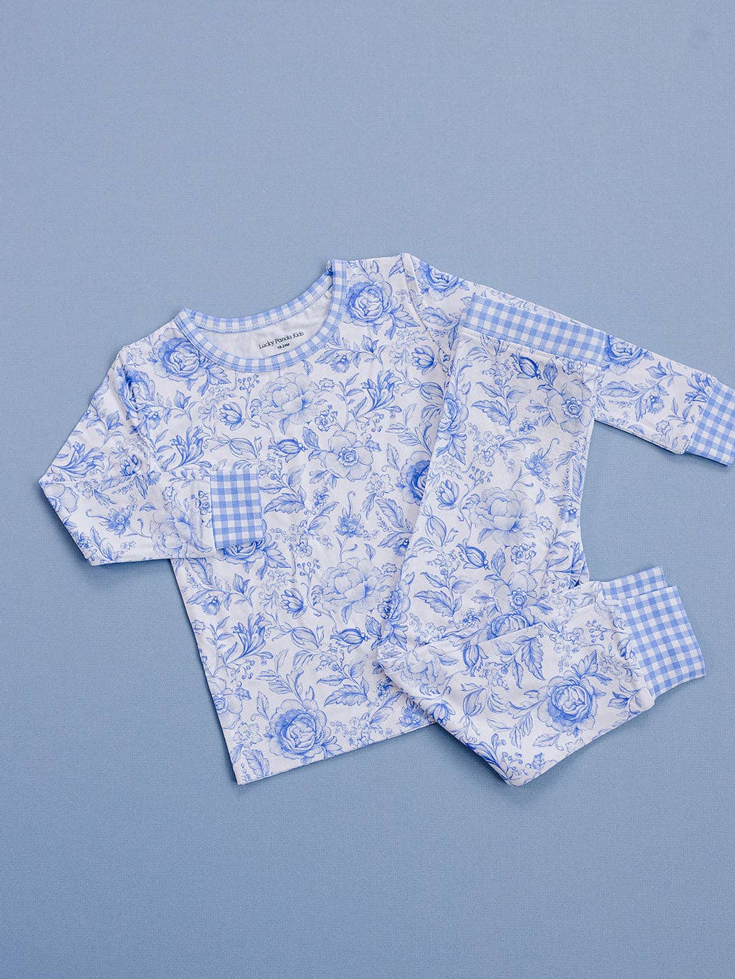 Kids Bamboo Two Piece Pajama and Loungewear Set - Gingham with Blue Flowers