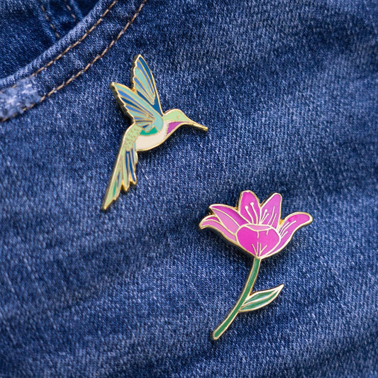 Hummingbird & Pink Lily Flower Gift Pin Set