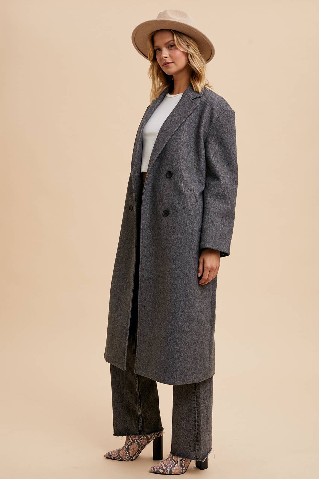 Double Breasted  Lapel Duster Felt Pea Coat
