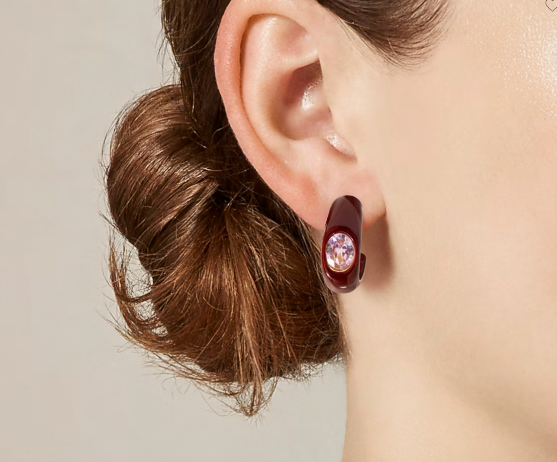 Oxblood Enamel Statement Earrings with Pink Faucet Cut Stone - 14K Gold PVD & Waterproof