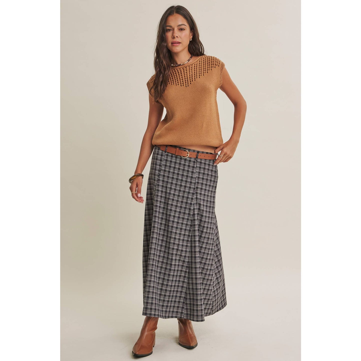 Heritage Plaid Flare Maxi Skirt with Belt