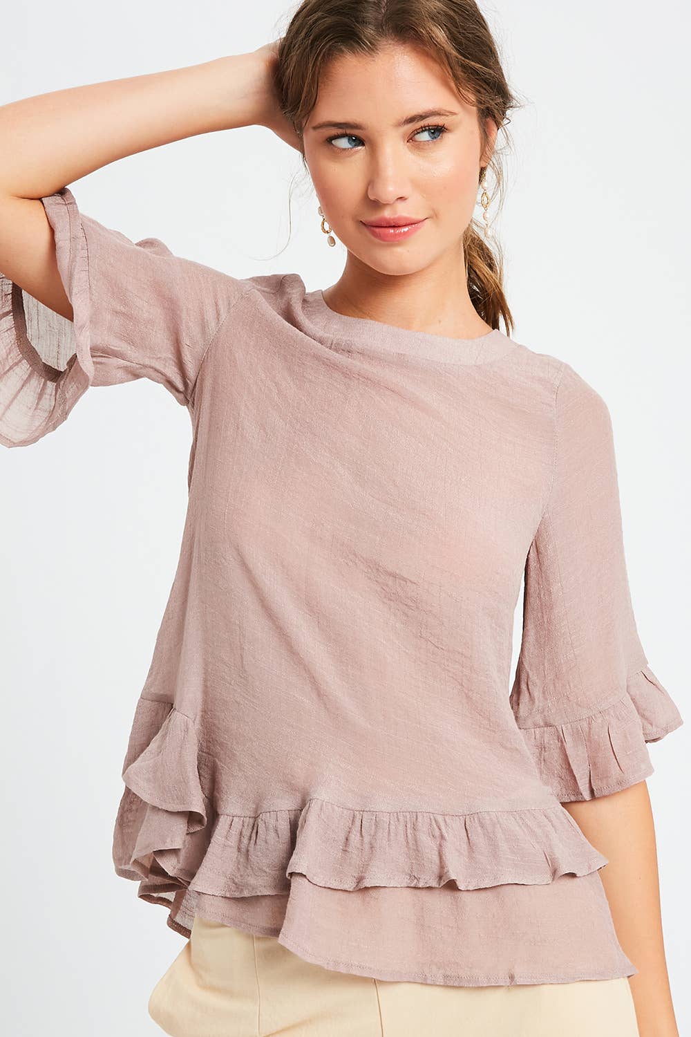 3/4 Sleeve Ruffle Hem Feminine Blouse