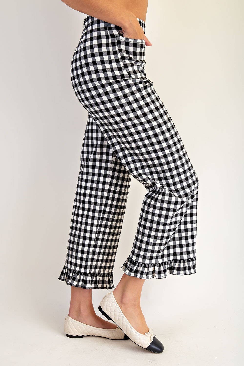 Ruffle Trim Straight Leg Gingham Print Pants