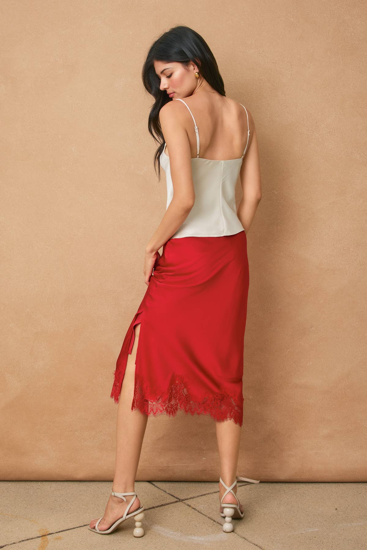 Powder Blue Lined Satin Pencil Skirt with Lace Hem