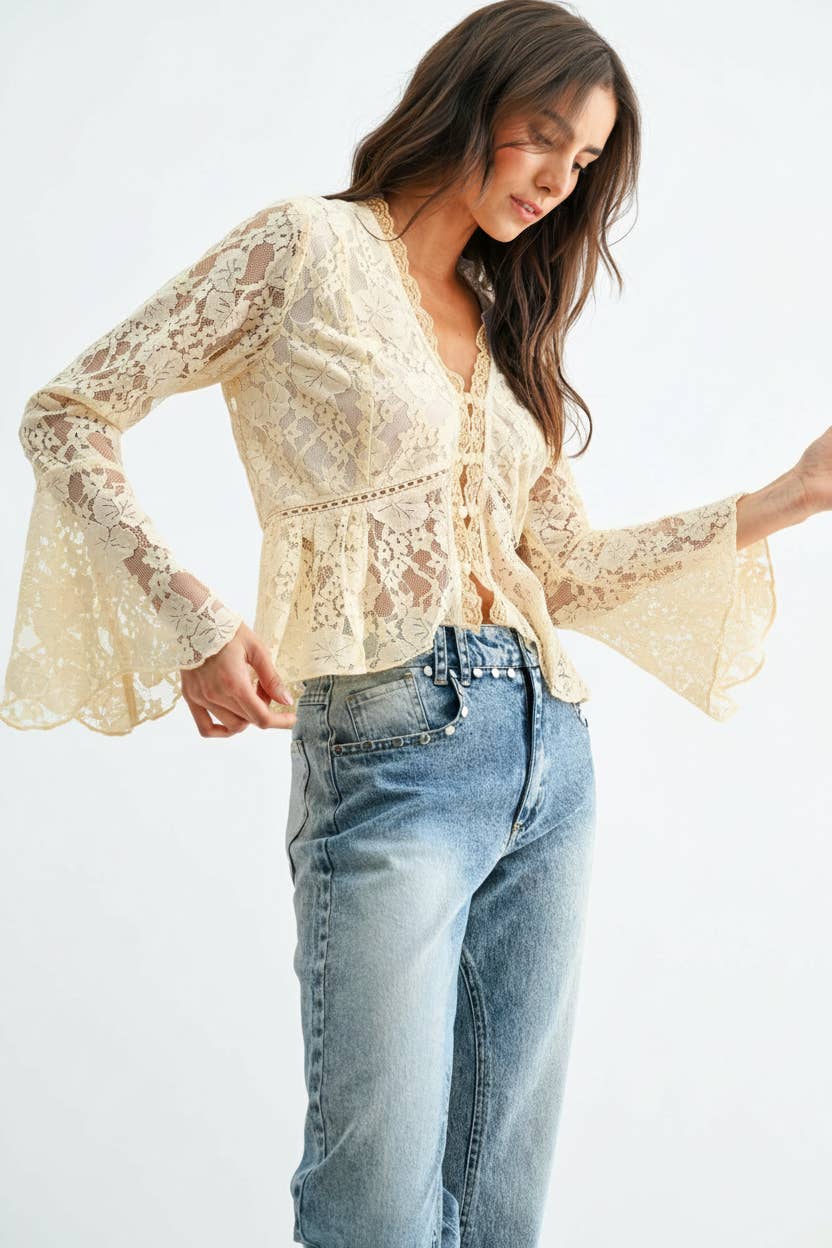 Romantic Lace Button-Down Blouse with Flared Bell Sleeves