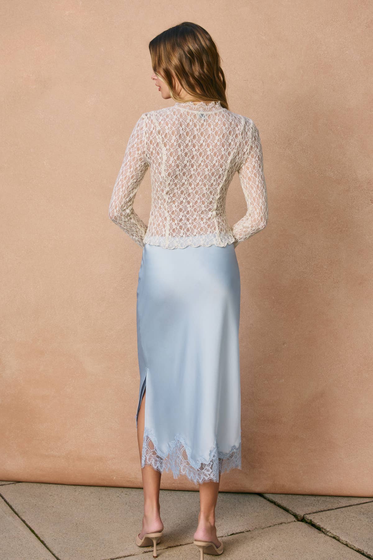Powder Blue Lined Satin Pencil Skirt with Lace Hem
