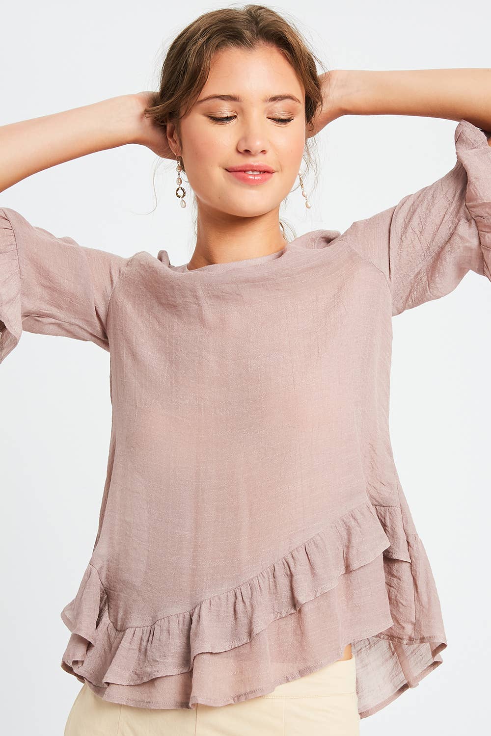 3/4 Sleeve Ruffle Hem Feminine Blouse