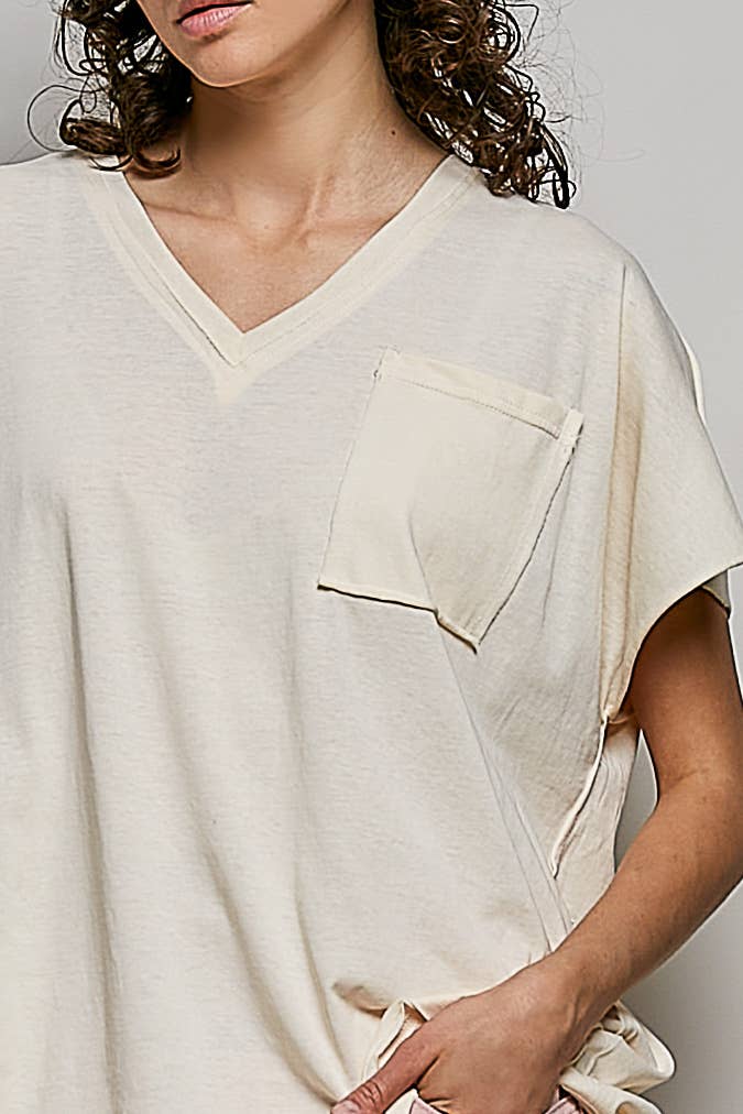 Boho Hand Dip Dye V-Neck T-shirt with Short Sleeves and Front Pocket