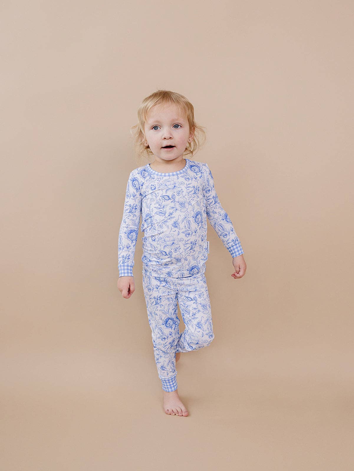 Kids Bamboo Two Piece Pajama and Loungewear Set - Gingham with Blue Flowers
