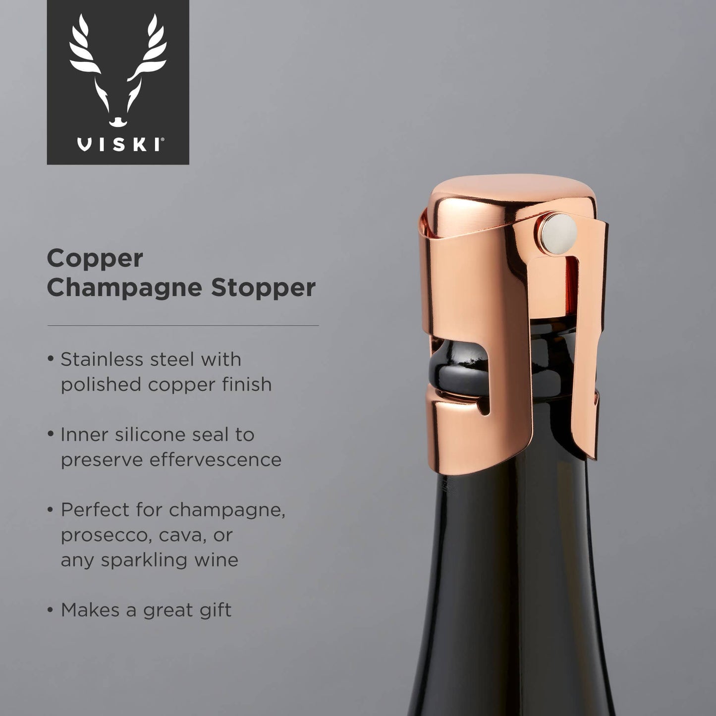 Viski Summit™ Copper Plated Heavyweight Champagne & Prosecco Stopper
