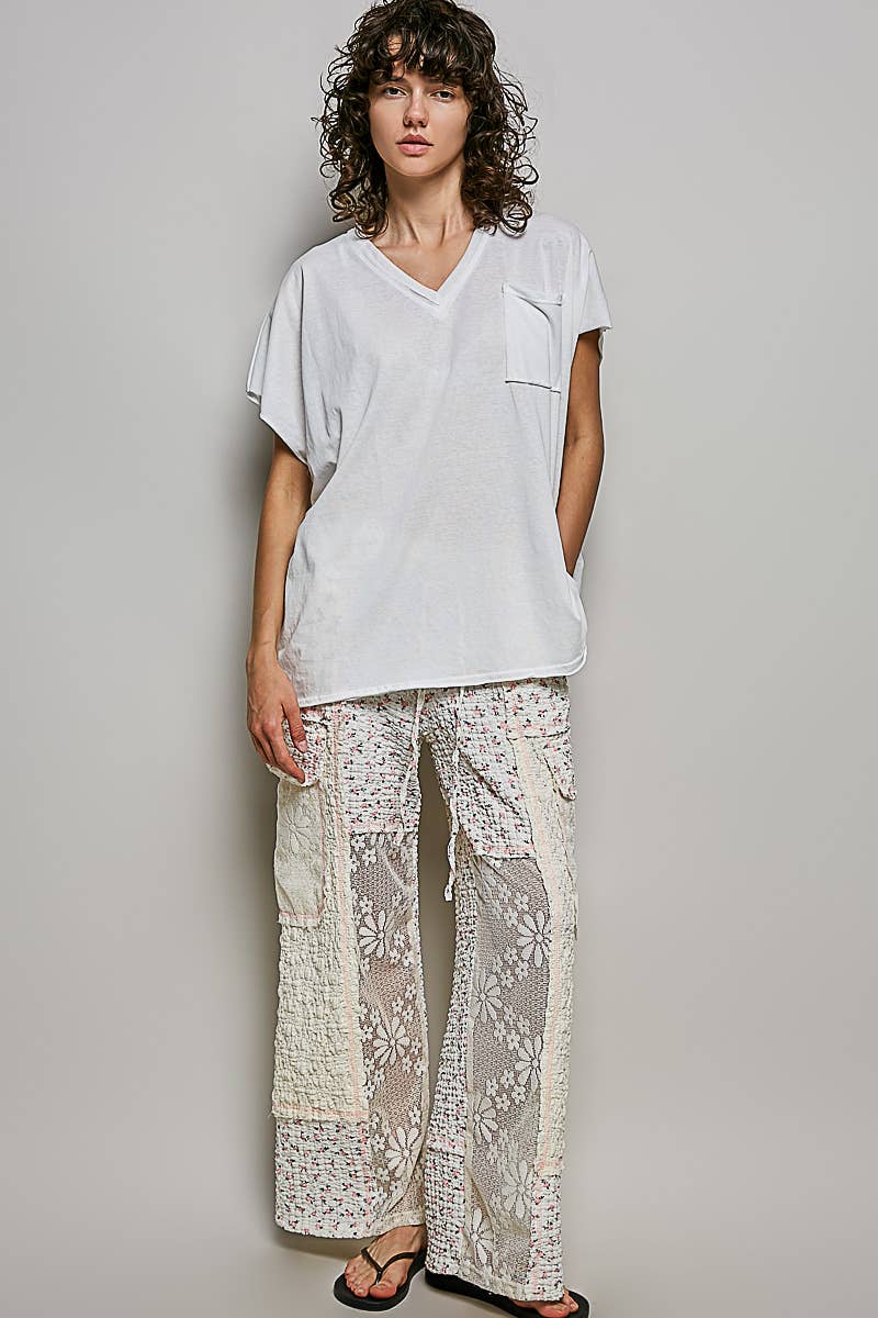 Boho Hand Dip Dye V-Neck T-shirt with Short Sleeves and Front Pocket