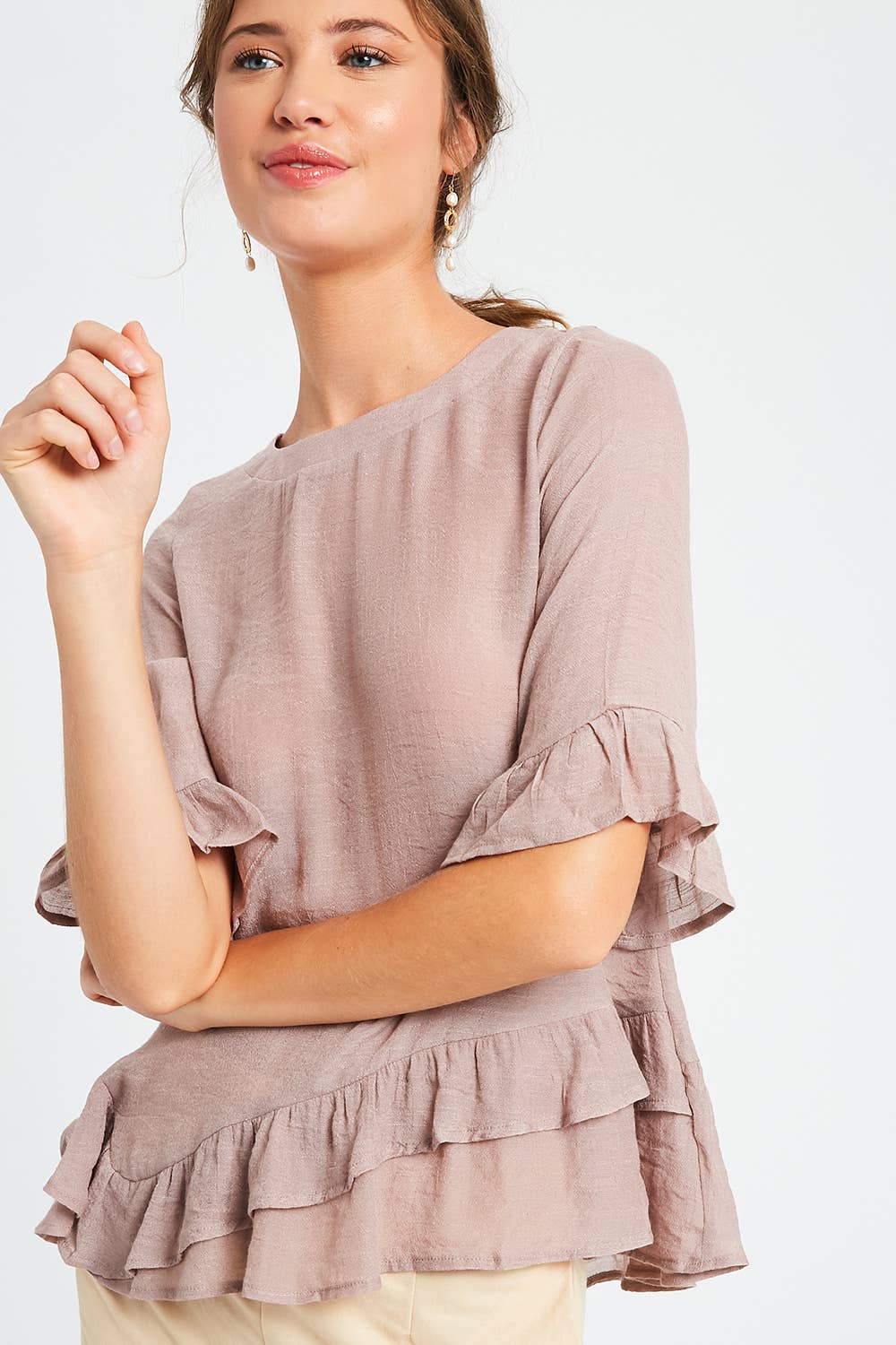 3/4 Sleeve Ruffle Hem Feminine Blouse