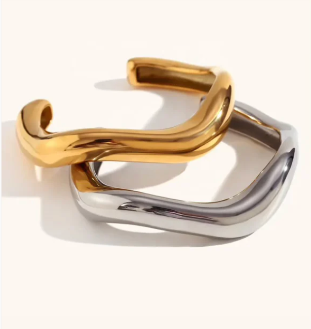 Editorial Wave Cuff Bangle Bracelet made with Recycled Metals & 14K Gold PVD