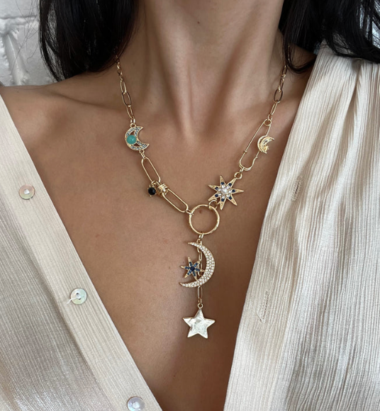 Celestial Coin, Paperclip, and Hamsa Charm Necklace with Lariat Moon and Sapphire Stars