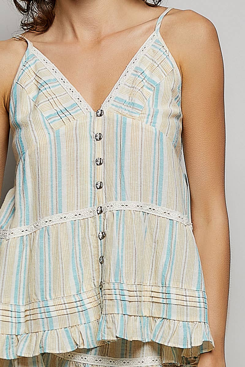 Floral Cotton Pintuck Ruffle Button Down Cami Top