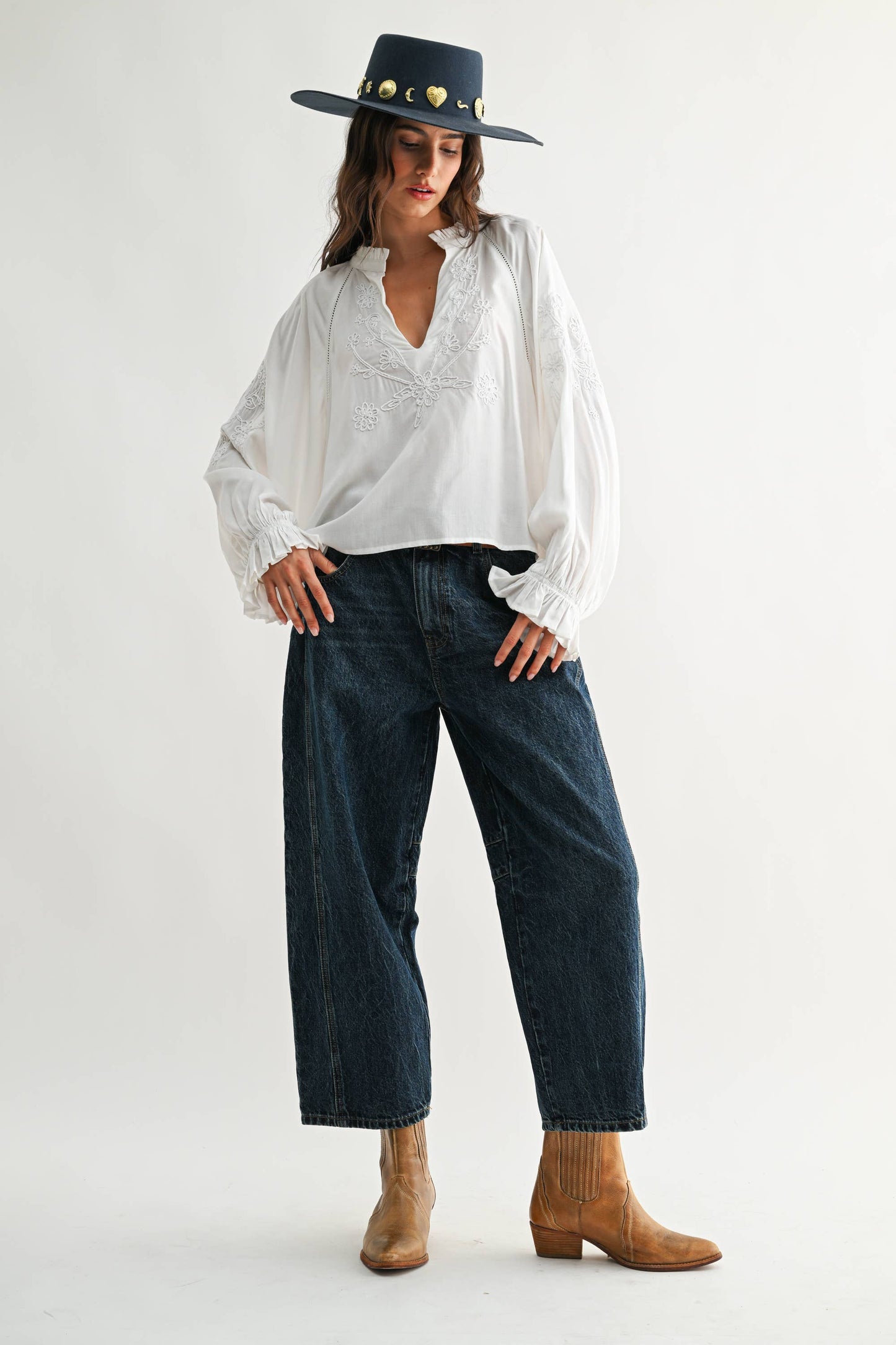 Boho-Chic Embroidered White Long Sleeved Blouse
