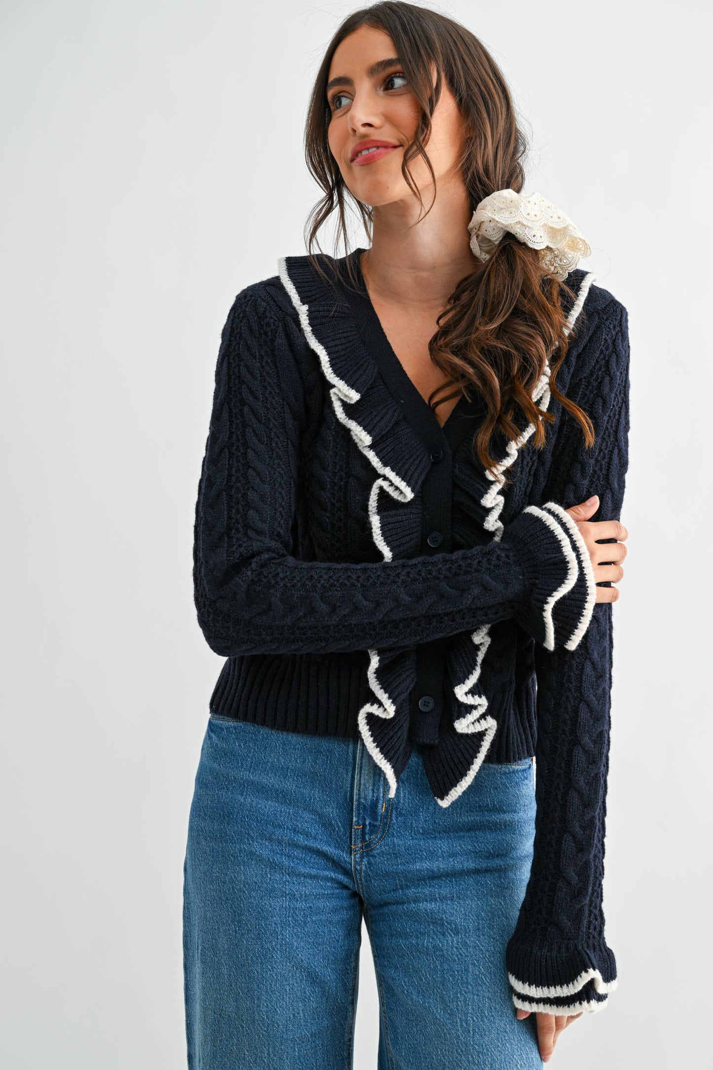 Cool Blue Ruffled Cable Knit Cardigan